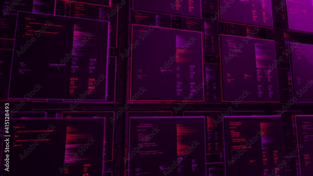 Poster highly detailed structure showing complexity of data analysis. animation. dark pink computer monitor