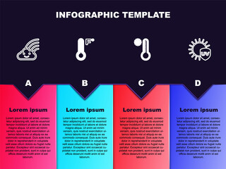 Set line Rainbow with cloud, Meteorology thermometer, and UV protection. Business infographic template. Vector.