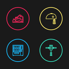 Set line Vending machine, Construction jackhammer, Electric mixer and planer tool icon. Vector.