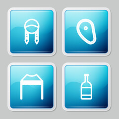 Set line Braid, Steak meat, Camping tent and Beer bottle icon. Vector.