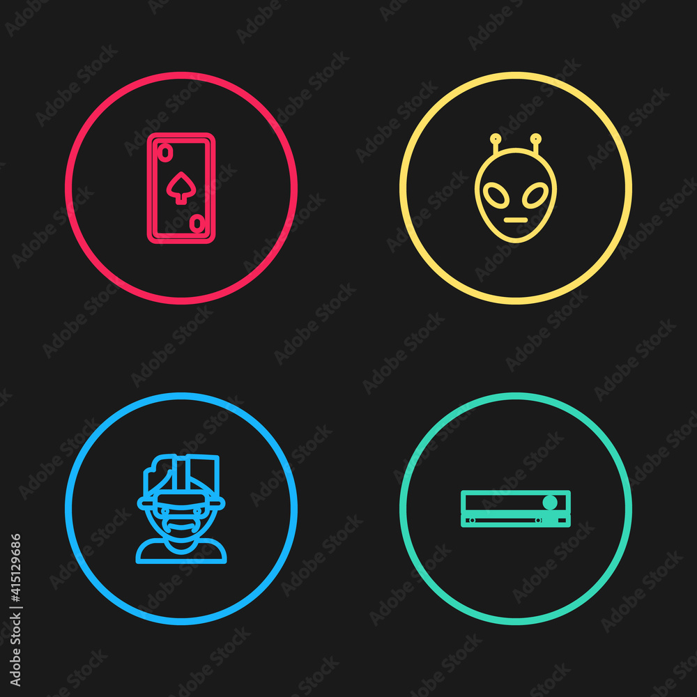 Poster set line virtual reality glasses, video game console, alien and playing card with diamonds icon. vec