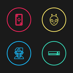 Set line Virtual reality glasses, Video game console, Alien and Playing card with diamonds icon. Vector.