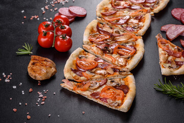 Fresh delicious pizza made in a hearth oven with sausage, pepper and tomatoes