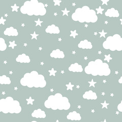 Flat vector pattern illustration of Seamless cute with white clouds and stars.cute clouds and stars on the gray background