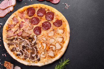 Fresh delicious pizza made in a hearth oven with four types of meat and sausage