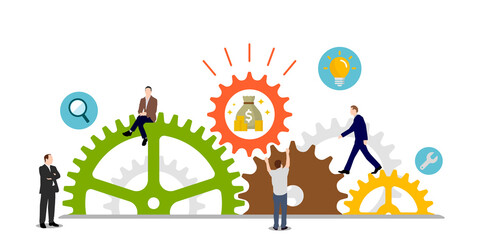 Business success (money) concept vector illustration. Gear wheel and people.