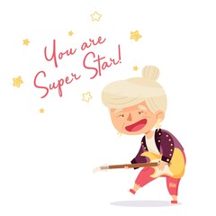 Grandmother like rock superstar with guitar. An active granny. . Funny characters isolate on white background. Vector illustration.