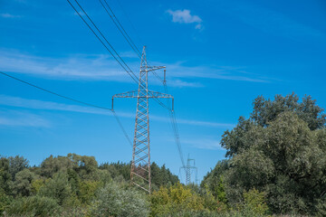 High voltage tower in the forest. Electric Power Transmission Lines over trees