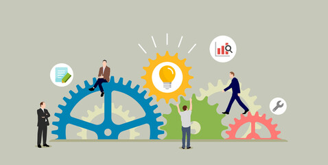 Business success ( idea, inspiration ) concept vector banner  illustration. Gear wheel and people.