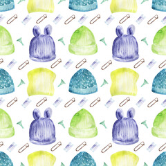 Watercolor seamless pattern on the theme of Knitting