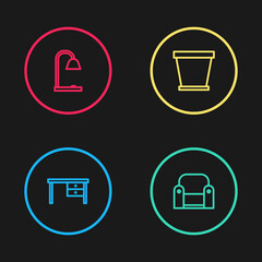Set line Office desk, Armchair, Flower pot and Table lamp icon. Vector.