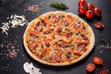 Fresh delicious pizza made in a hearth oven with tomatoes, sausage and mushrooms