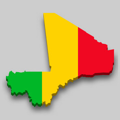 3d isometric Map of Mali with national flag.