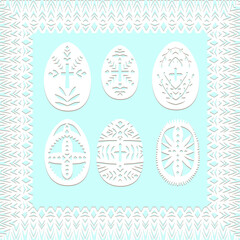 Set of paper cut festive symbols Holiday spring Easter signs egg in white colors isolated on blue background and lace frame Traditional Belarusian, Polish paper clippings Hand made Vector illustration