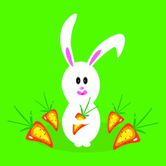 
Funny rabbit smile. Cute Easter bunny with carrot. Nice character. Happy Easter Holidays. Image for children. For a postcard, poster, decor, banner. Vector illustration.
