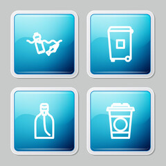 Set line Problem pollution of the ocean, Trash can, Bottle liquid soap and Paper glass icon. Vector.