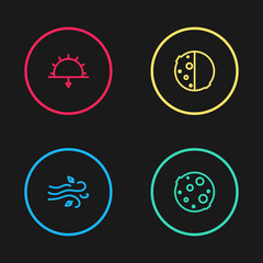 Set line Wind, Moon, Eclipse of the sun and Sunset icon. Vector.
