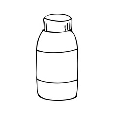 Medical bottle with cough or allergy syrup. Doodle vector illustration, simple cartoon line art.