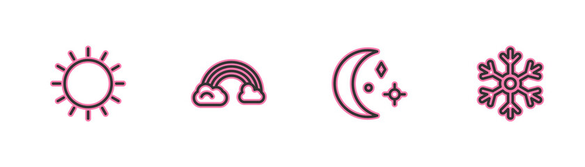 Set line Sun, Moon and stars, Rainbow with clouds and Snowflake icon. Vector.