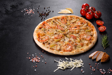 Fresh delicious pizza made in a hearth oven with shrimp mussels and other seafood