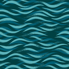 Seamless Wave Pattern, Hand drawn water sea modern vector background. Wavy beach brush stroke, curly grunge paint lines, watercolor illustration