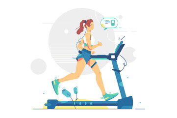 Woman in gym train on treadmill vector illustration. Female character running on race track flat style. Cardio workout, fitness and healthy lifestyle concept. Isolated on white background