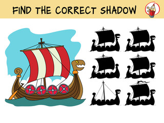 Viking ship. Find the correct shadow. Educational matching game for children. Cartoon vector illustration