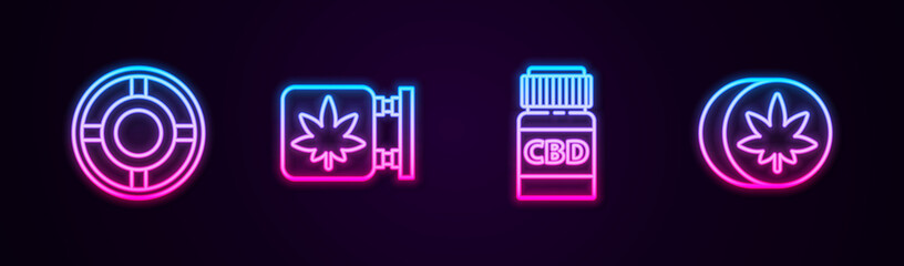 Set line Ashtray, Marijuana and cannabis store, Medical bottle with and Herbal ecstasy tablets. Glowing neon icon. Vector.