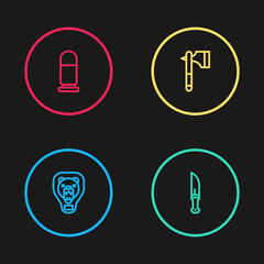 Set line Bear head on shield, Hunter knife, Wooden axe and Bullet icon. Vector.