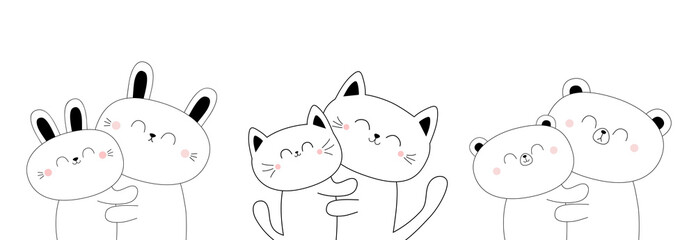 Obraz premium Grizzly bear bunny rabbit cat kitten kitty hugging couple family set. Hug, embrace, cuddle. Cute kawaii funny cartoon character. Happy Valentines day. Baby pet background. Flat design.