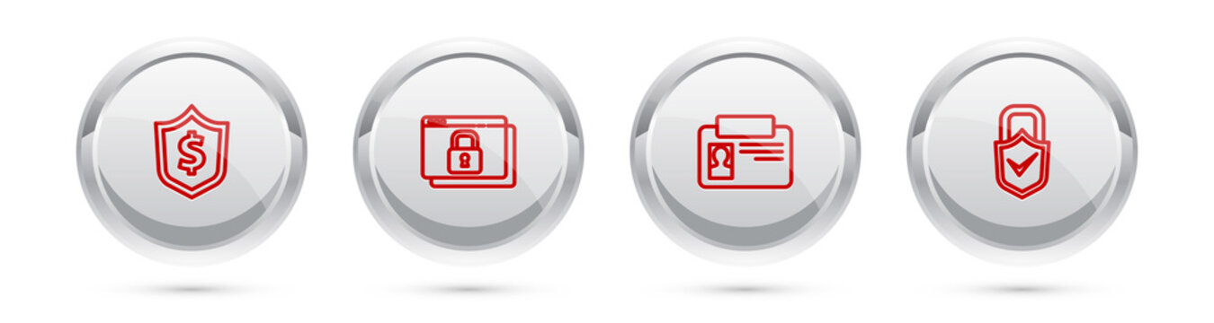 Set line Shield with dollar, Secure your site HTTPS, SSL, Identification badge and Lock and check mark. Silver circle button. Vector.