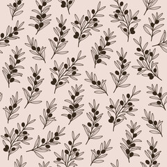 Branch of olive. Trendy contour monochrome pattern with twig. Flat vector illustration.