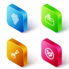 Set Isometric line Caviar, Tin can with caviar, Sushi and on plate icon. Vector.