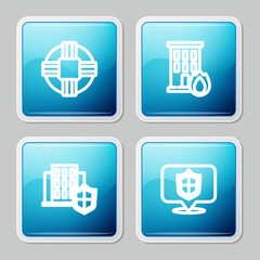 Set line Lifebuoy, Fire in burning house, House with shield and Location icon. Vector.