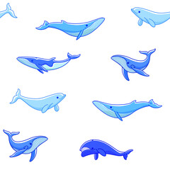 Fototapeta premium Simple seamless trendy pattern with different types of whales. Flat design print on white background.