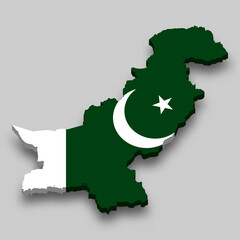 3d isometric Map of Pakistan with national flag.