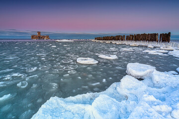 Frozen beach of the Baltic Sea in Babie Doły at sunset, Gdynia. Poland