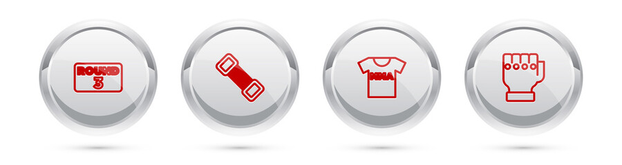 Set line Boxing ring board, Chest expander, T-shirt with fight club MMA and glove. Silver circle button. Vector.