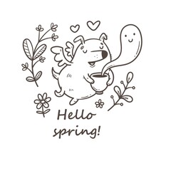 Card with cute cartoon puppy and plants. Doodle floral poster. Spring vector print with dog.