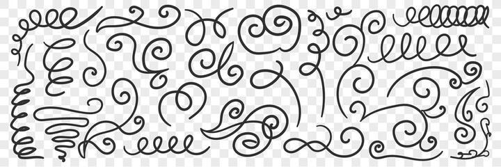 Ornate florid scribbles lines doodle set. Collection of hand drawn scribbles of various patterns waving lines geometrical shapes isolated on transparent background