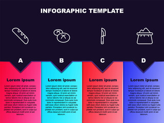 Set line French baguette bread, Bread loaf, Knife and Bag of flour. Business infographic template. Vector.