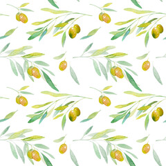 Obraz premium Watercolor seamless pattern. Olives branch on white background. Watercolor olive tree for background, texture, wrapper pattern, for your unique design.
