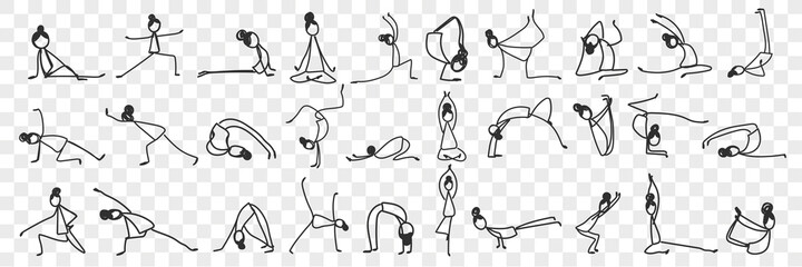 Practicing yoga and pilates doodle set. Collection of hand drawn female silhouettes making asanas practicing gymnastics yoga meditation and plates isolated on transparent background - obrazy, fototapety, plakaty