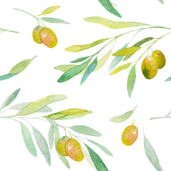 Watercolor seamless pattern. Olives branch on white background. Watercolor olive tree for background, texture, wrapper pattern, for your unique design.