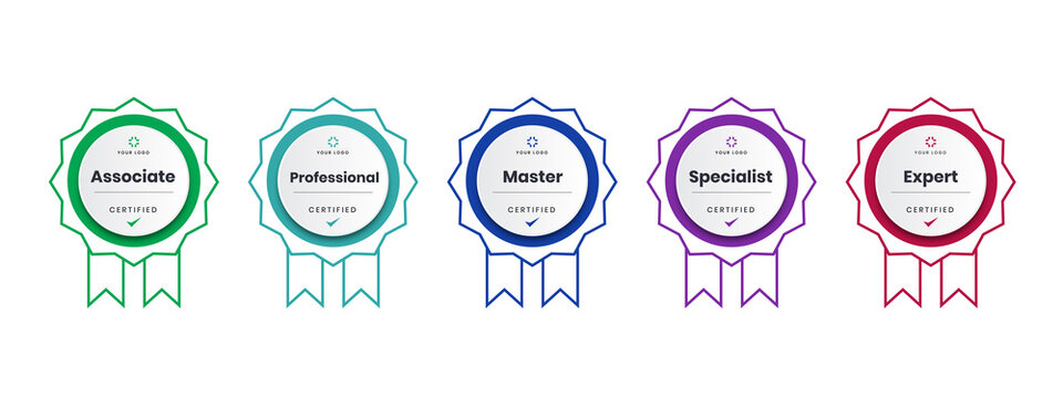 Certified badge logo design for company training badge certificates to determine based on criteria. Set bundle certify colorful with ribbon vector illustration.