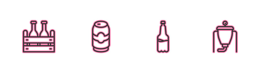 Set line Pack of beer bottles, Plastic, Beer can and brewing process icon. Vector.