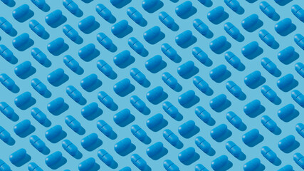 Monochrome pattern with blue pills against blue background. Minimal pharmacy concept. Medical visual trend. Flat lay.