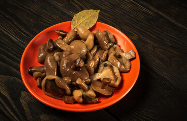 Suillus luteus or Boletus luteus mushrooms marinated in a plate with spices and bay leaves on a vintage table. View from above