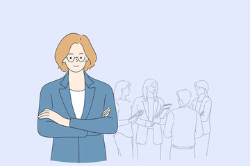 Office work and daily routine concept. Smiling woman female boss in glasses standing with company processes and colleagues during work or job daily routine behind as leader and business controller