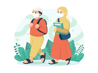 Islamic children wear mask and walk to the mosque in Ramadan, Muslim people vector illustration.